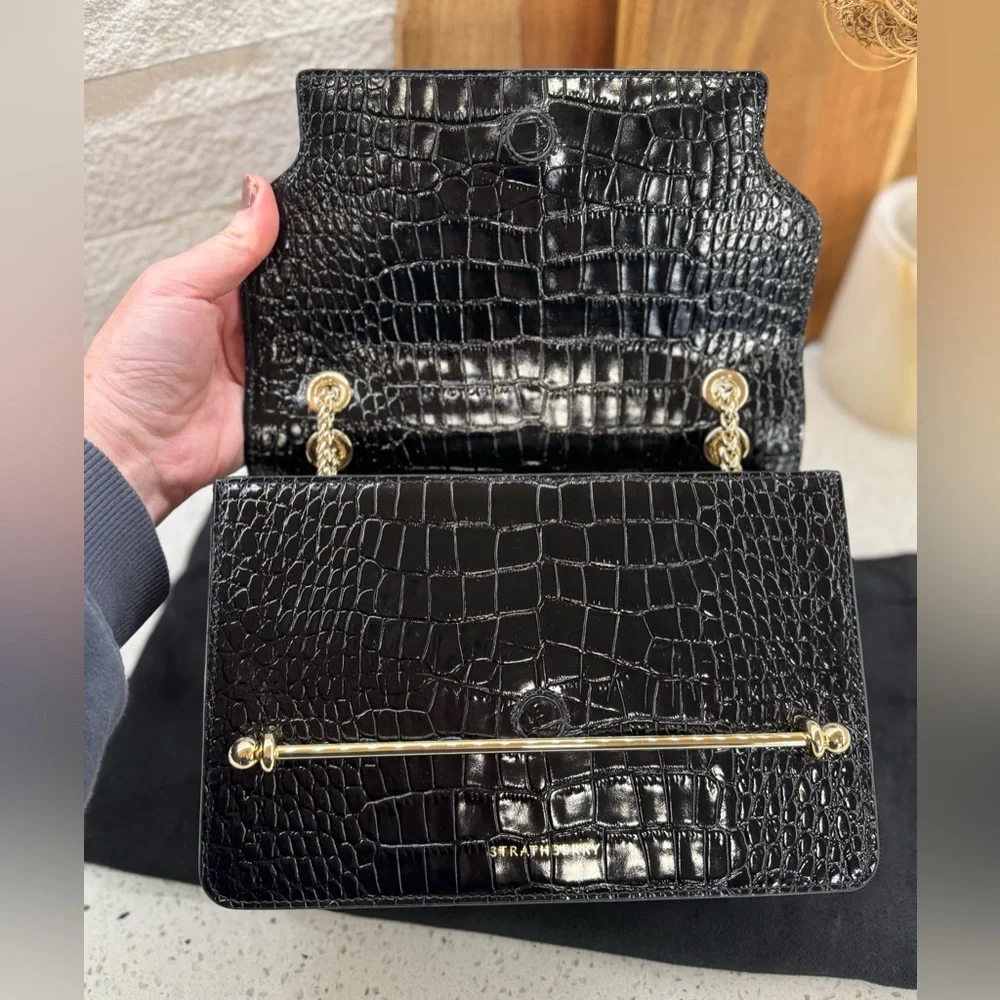 Like new Strathberry East/West Black Croc-Embossed Crossbody with Gold Chain - Picture 11 of 15